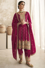 Rani Pink Silk Embroidered Designer Palazzo Suit