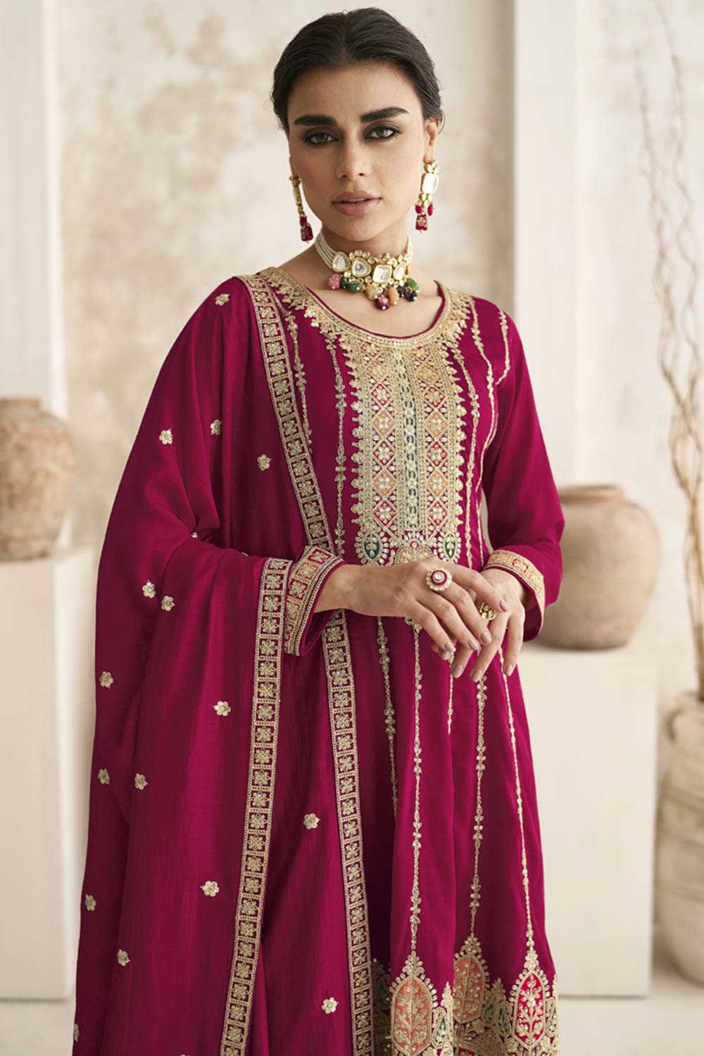 Rani Pink Silk Embroidered Designer Palazzo Suit