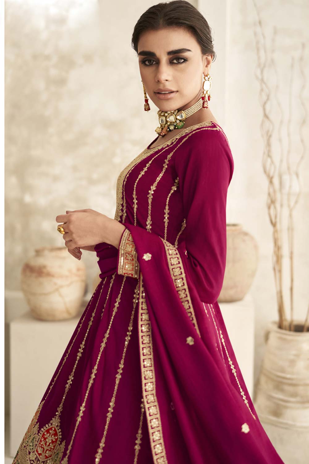 Rani Pink Silk Embroidered Designer Palazzo Suit