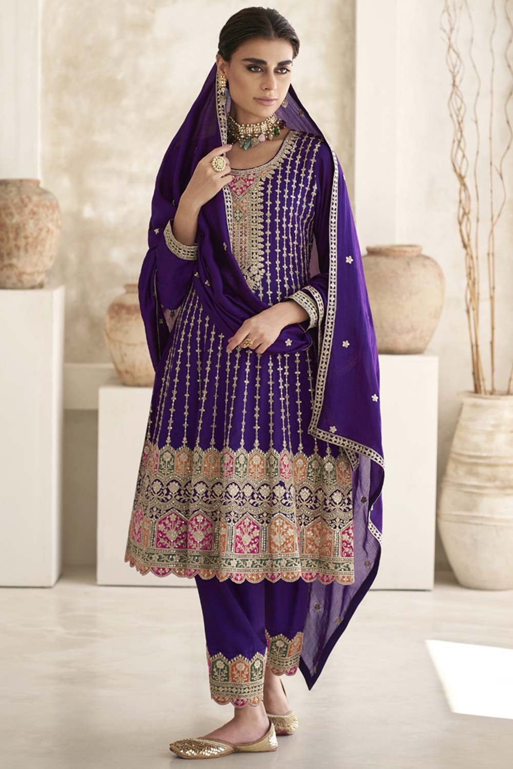 Purple Silk Embroidered Designer Palazzo Suit