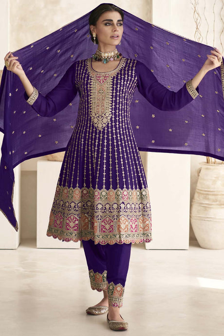 Purple Silk Embroidered Designer Palazzo Suit