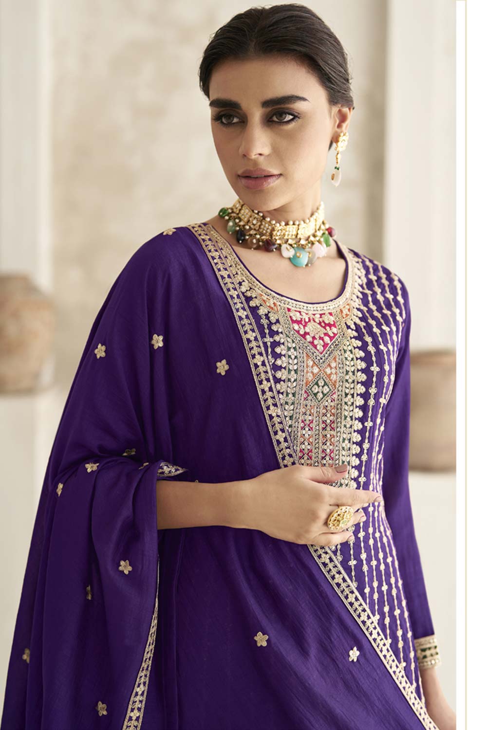 Purple Silk Embroidered Designer Palazzo Suit