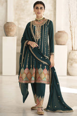 Aqua Green Silk Embroidered Designer Palazzo Suit