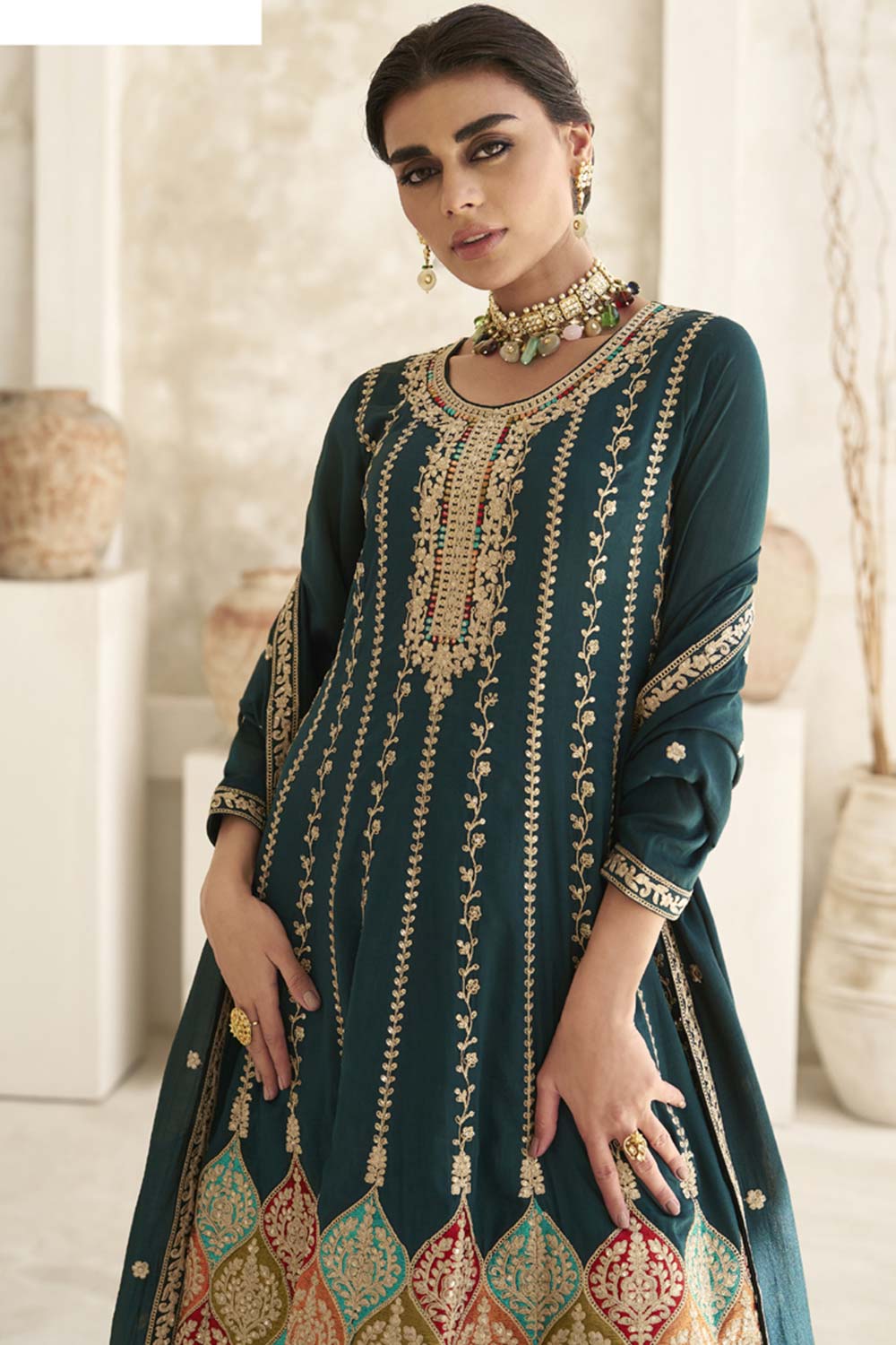 Aqua Green Silk Embroidered Designer Palazzo Suit