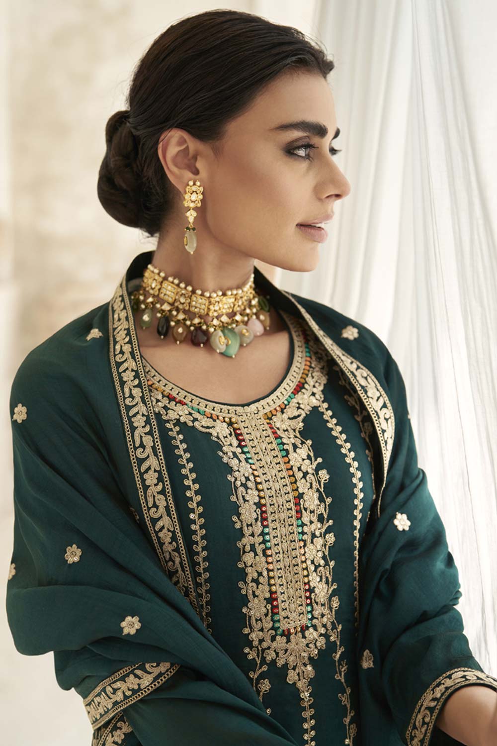 Aqua Green Silk Embroidered Designer Palazzo Suit