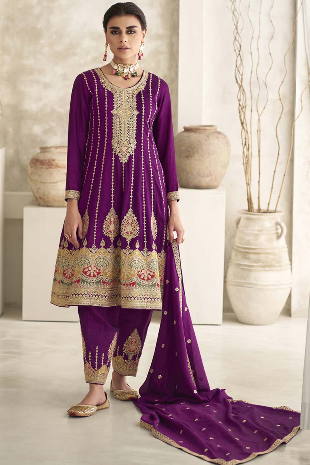 Violet Silk Embroidered Designer Palazzo Suit