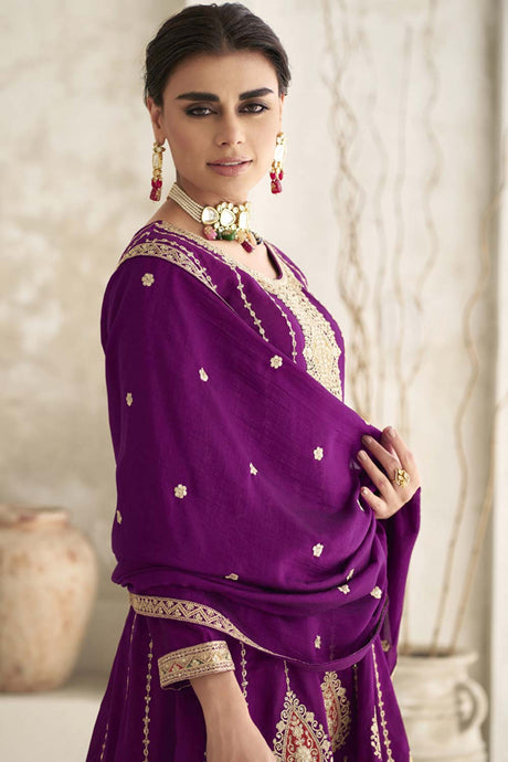 Violet Silk Embroidered Designer Palazzo Suit