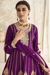 Violet Silk Embroidered Designer Palazzo Suit