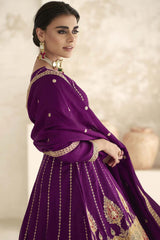 Violet Silk Embroidered Designer Palazzo Suit