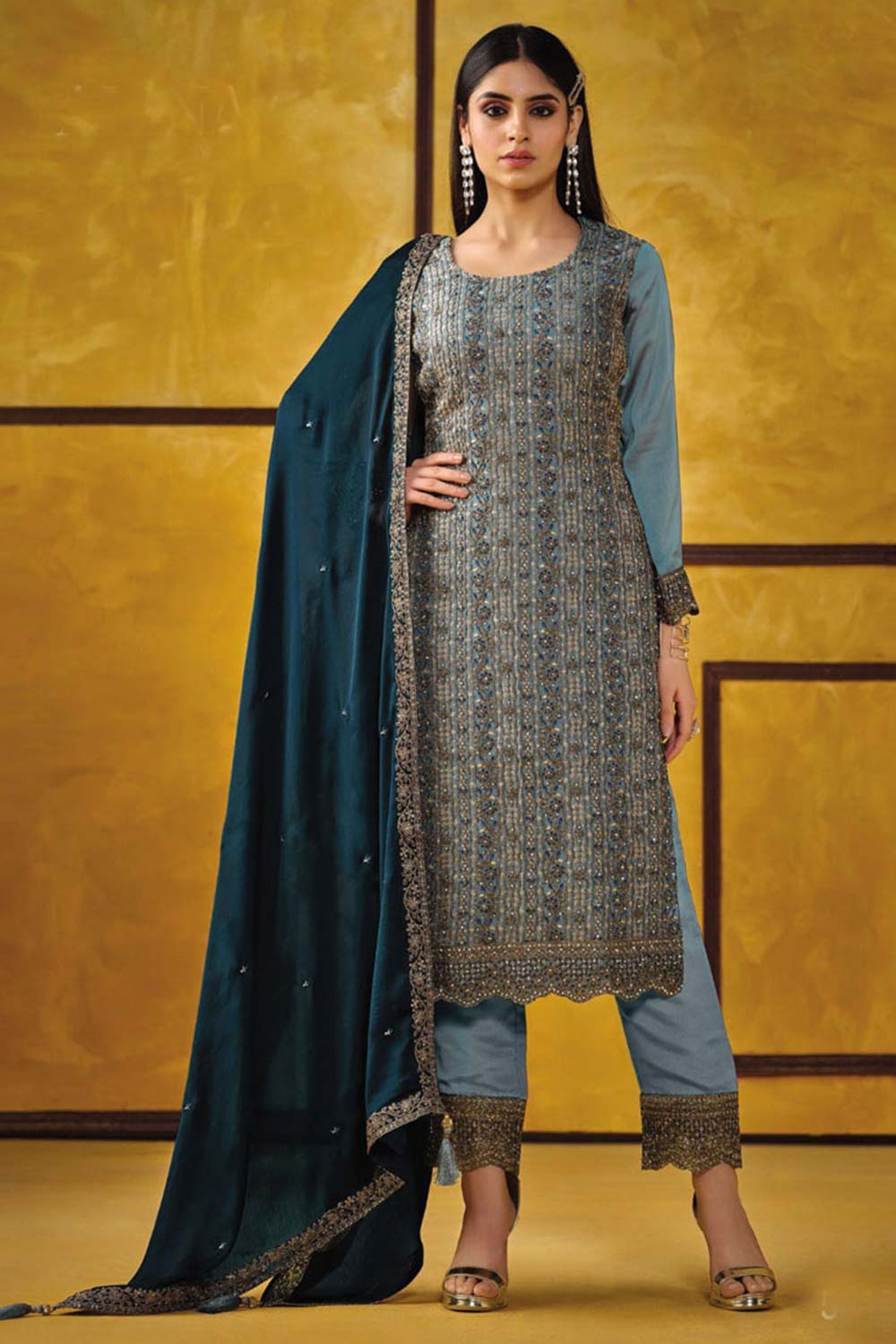 Sky Blue Silk Embroidered Round Neck Salwar Kameez