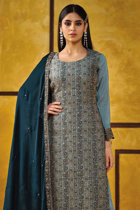 Sky Blue Silk Embroidered Round Neck Salwar Kameez