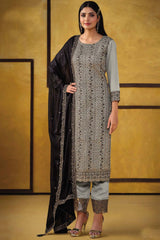 Light Grey Silk Embroidered Round Neck Salwar Kameez