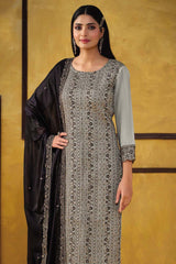 Light Grey Silk Embroidered Round Neck Salwar Kameez