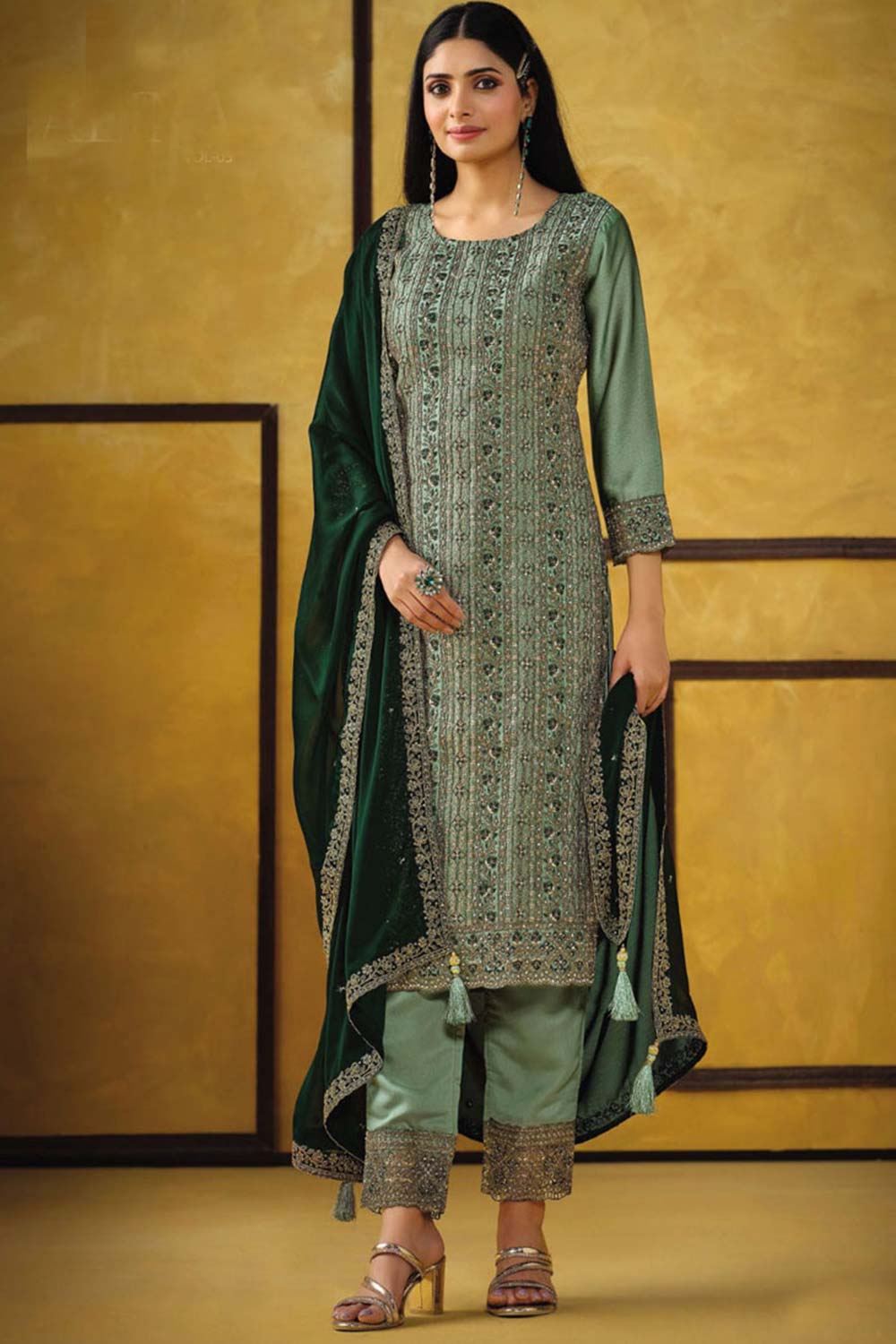 Light Green Silk Embroidered Round Neck Salwar Kameez