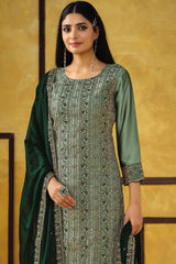 Light Green Silk Embroidered Round Neck Salwar Kameez