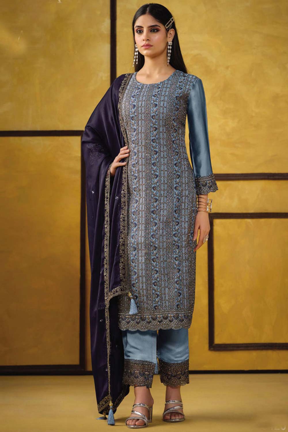 Light Blue Silk Embroidered Round Neck Salwar Kameez