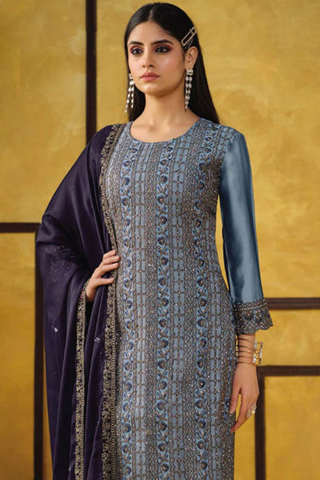 Light Blue Silk Embroidered Round Neck Salwar Kameez