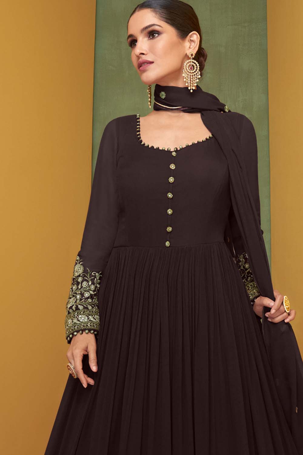 Brown Georgette Embroidered Anarkali Suit