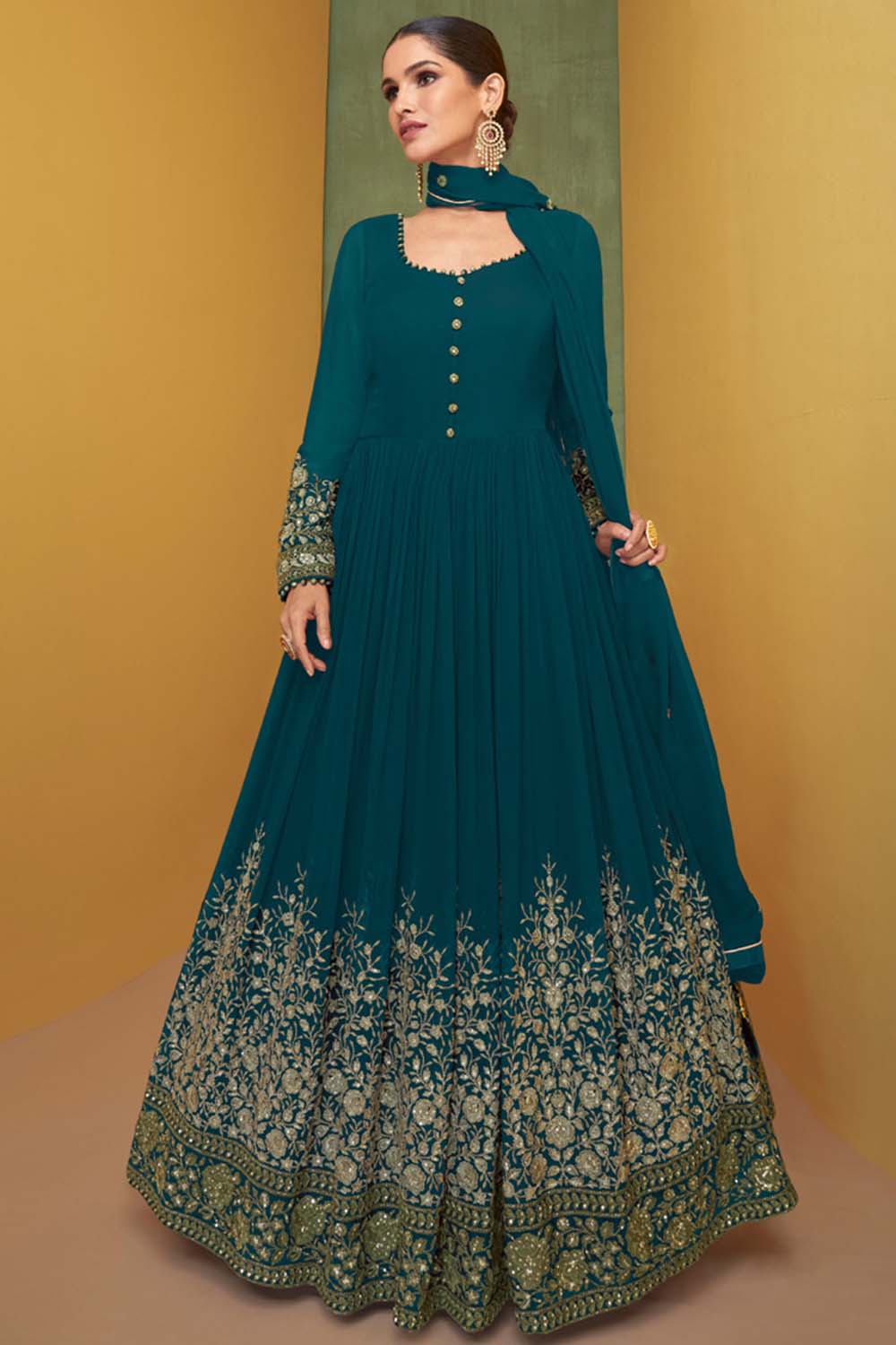 Teal Georgette Embroidered Anarkali Suit