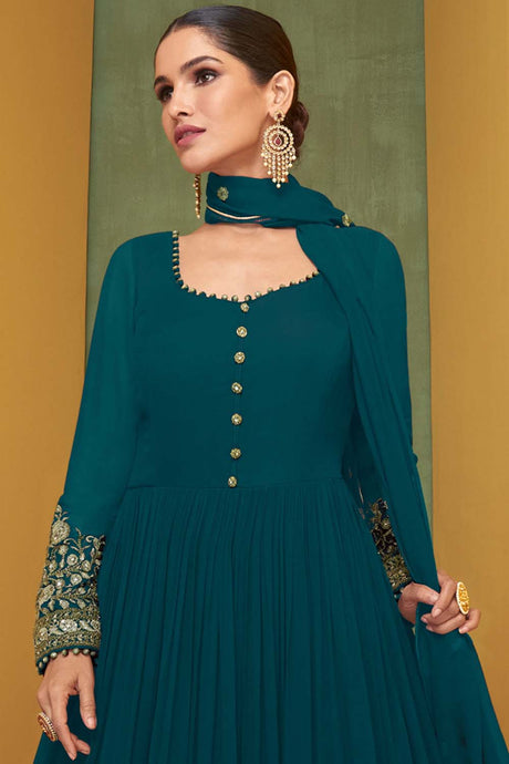 Teal Georgette Embroidered Anarkali Suit