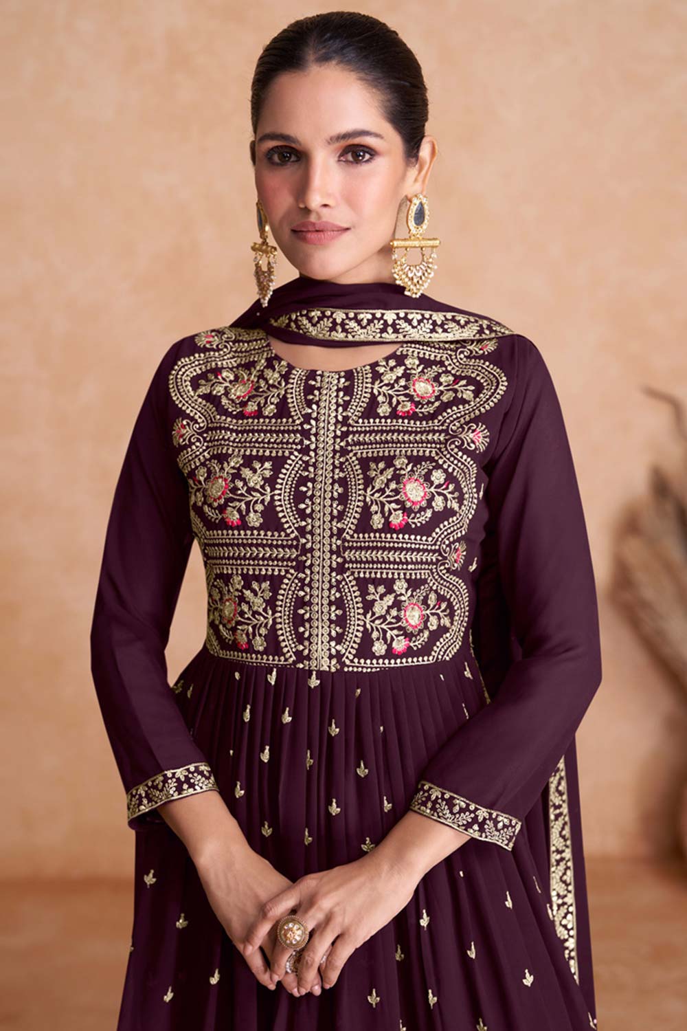 Wine Faux Georgette Embroidered Round Neck Pakistani Salwar Kameez