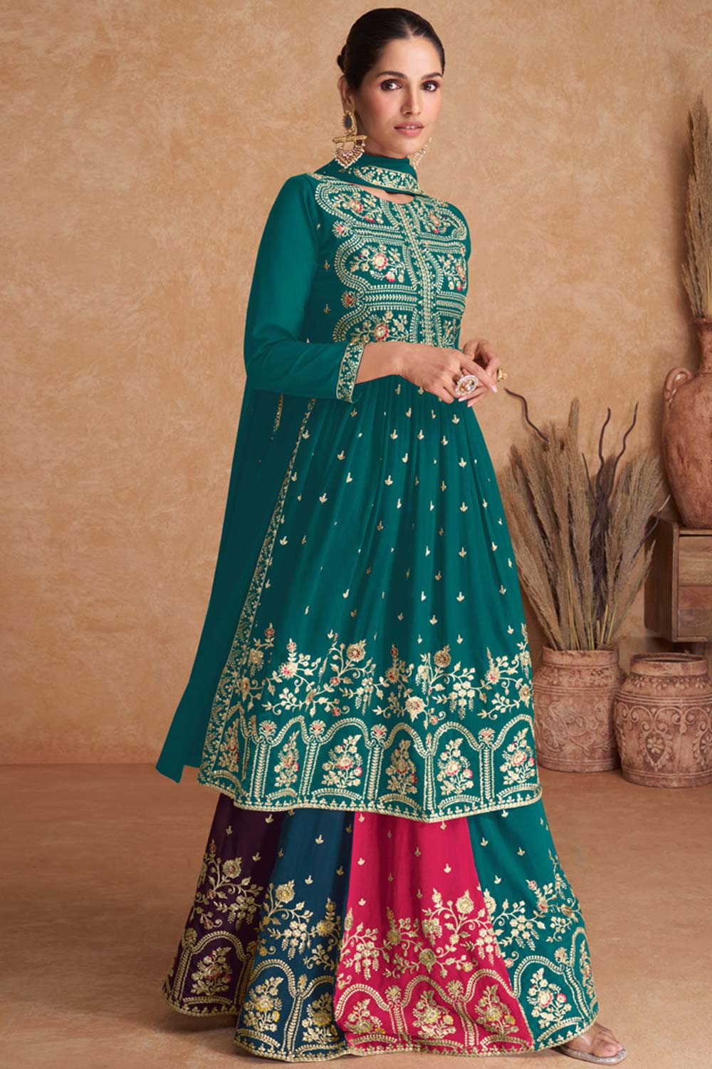 Turquoise Faux Georgette Embroidered Round Neck Pakistani Salwar Kameez