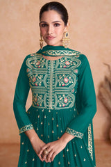 Turquoise Faux Georgette Embroidered Round Neck Pakistani Salwar Kameez