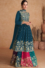 Aqua Blue Faux Georgette Embroidered Round Neck Pakistani Salwar Kameez