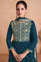 Aqua Blue Faux Georgette Embroidered Round Neck Pakistani Salwar Kameez