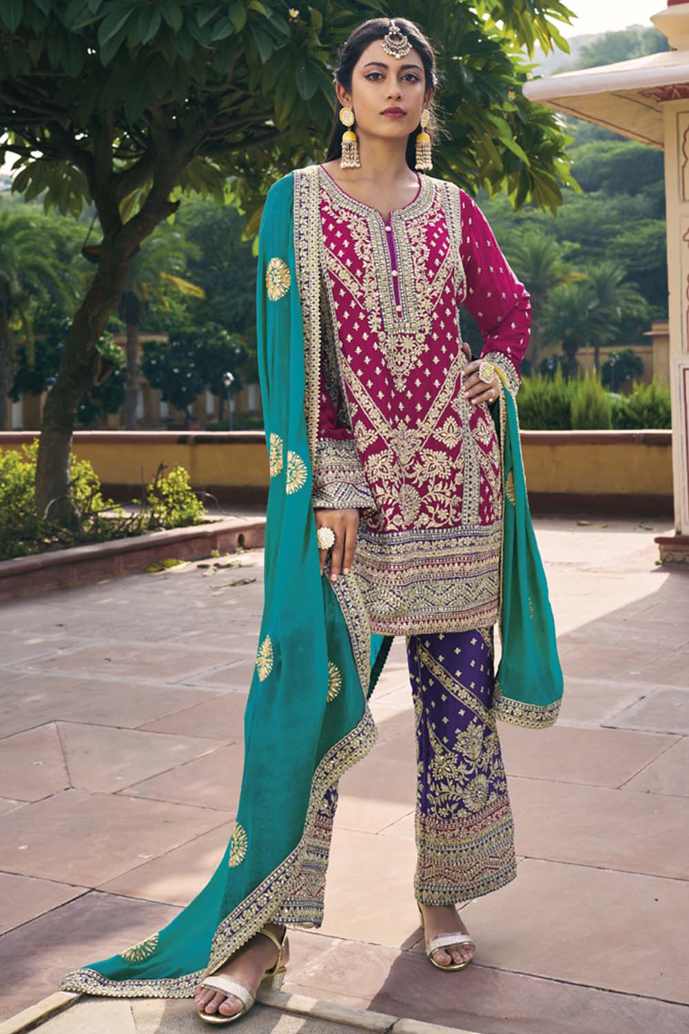 Pink Chinon Embroidered Palazzo Suit