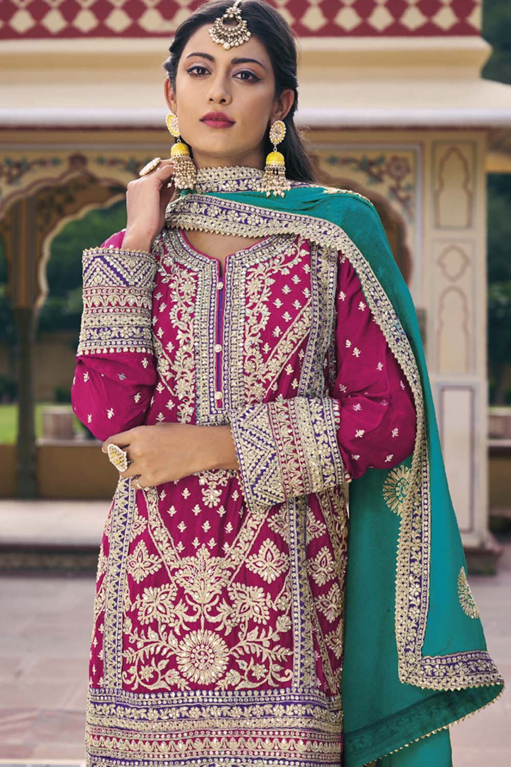 Pink Chinon Embroidered Palazzo Suit