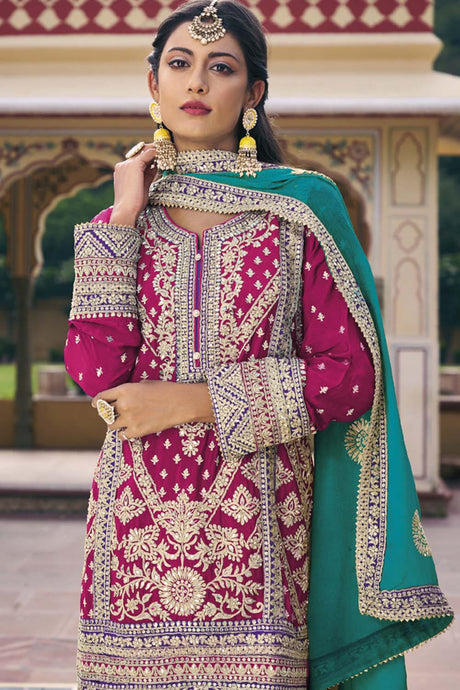 Pink Chinon Embroidered Palazzo Suit