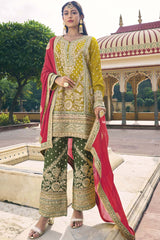 Yellow Chinon Embroidered Palazzo Suit