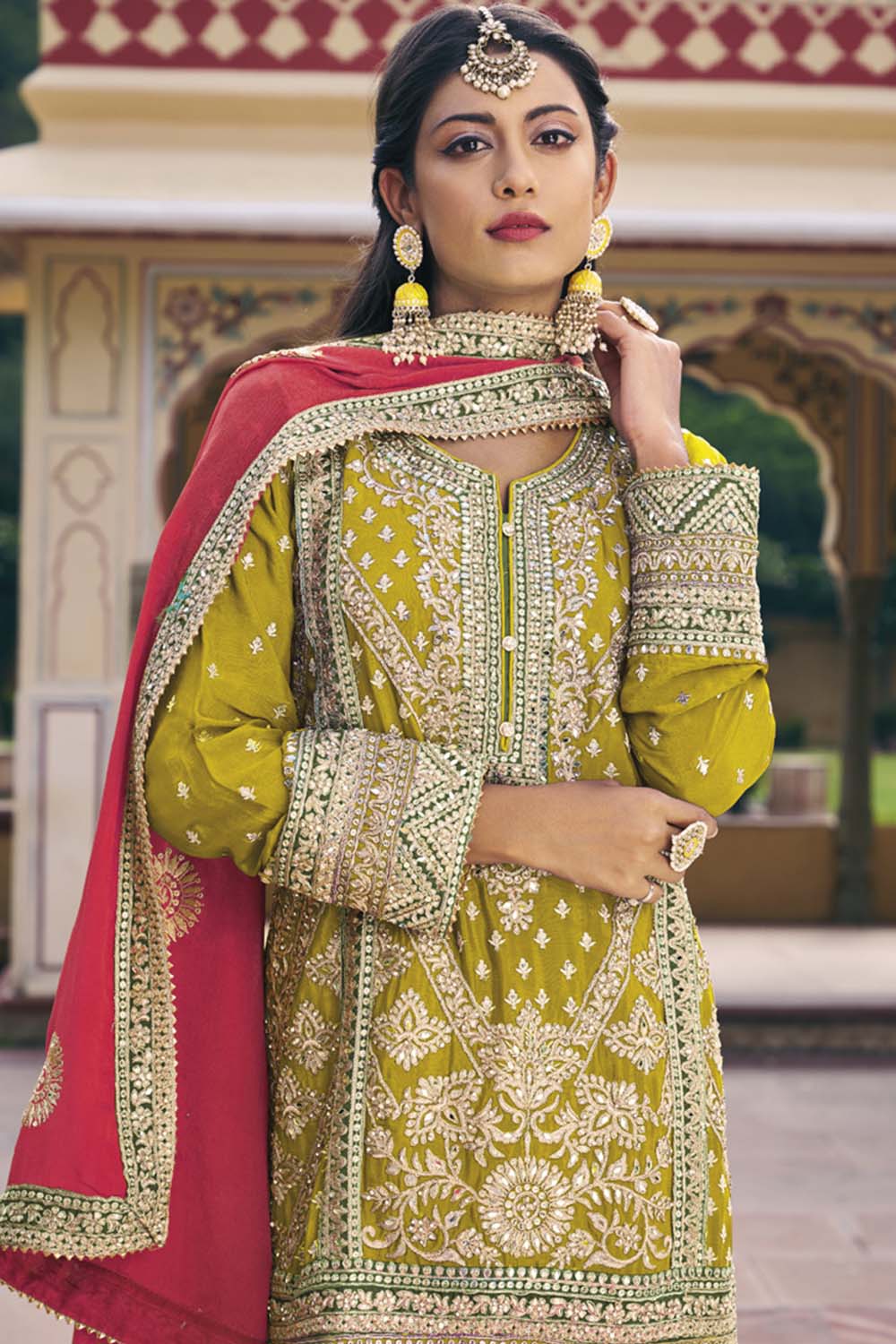 Yellow Chinon Embroidered Palazzo Suit