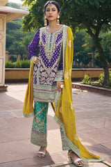 Blue Chinon Embroidered Palazzo Suit