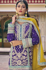 Blue Chinon Embroidered Palazzo Suit