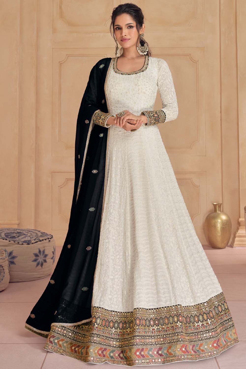 Off White Georgette Embroidered Anarkali Suit