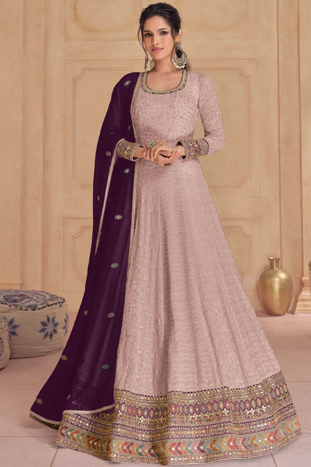 Onion Pink Georgette Embroidered Anarkali Suit