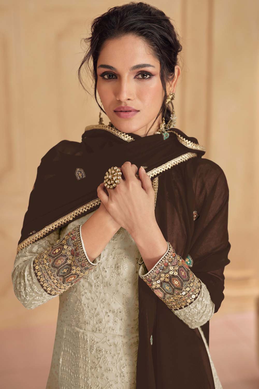 Beige Georgette Embroidered Anarkali Suit