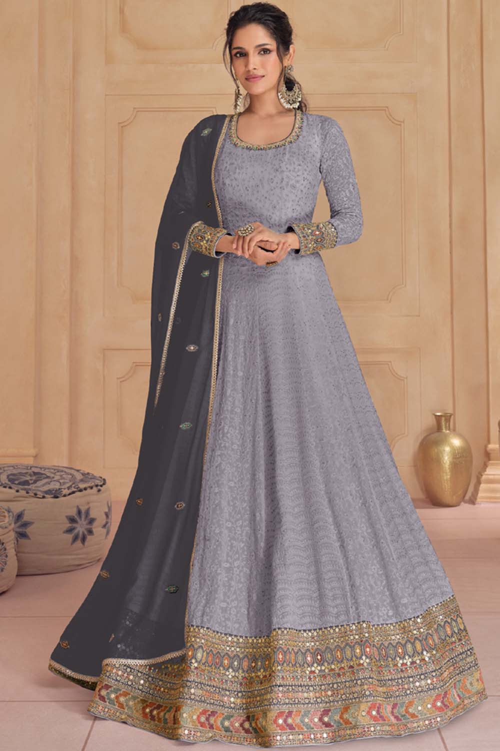 Lavender Georgette Embroidered Anarkali Suit