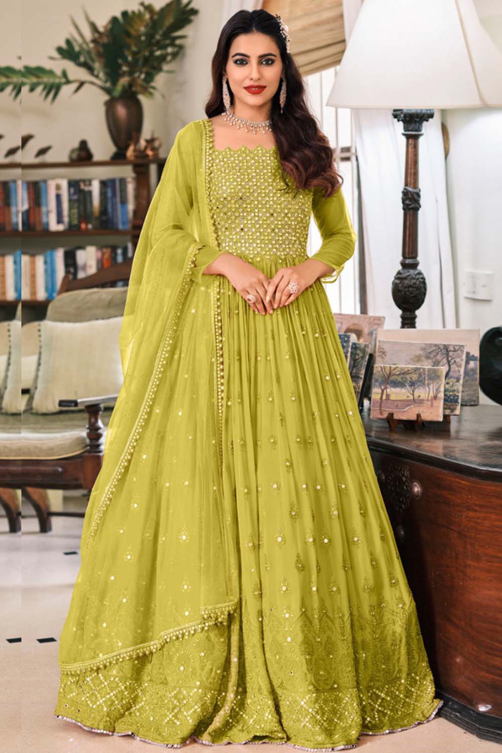 Parrot Green Georgette Embroidered Anarkali Suit