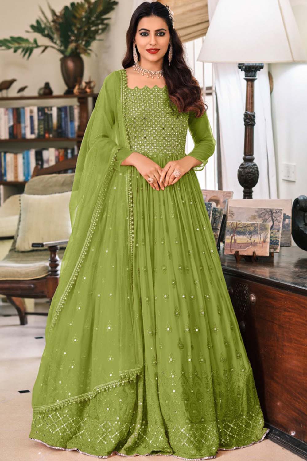 Green Georgette Embroidered Anarkali Suit