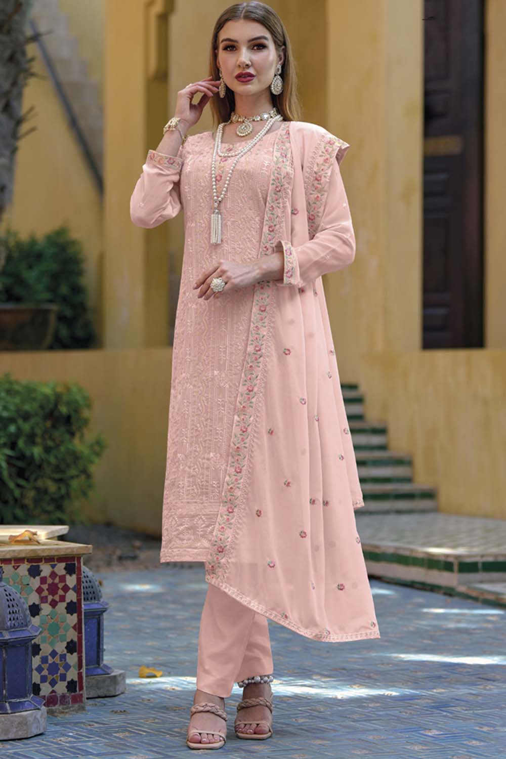 Peach Georgette Embroidered Designer Salwar Suit