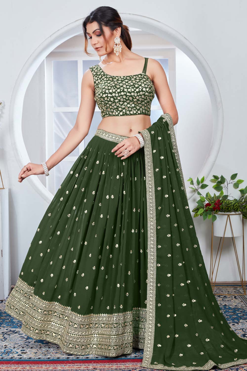 Mehendi Georgette Embroidered Thread Lehenga