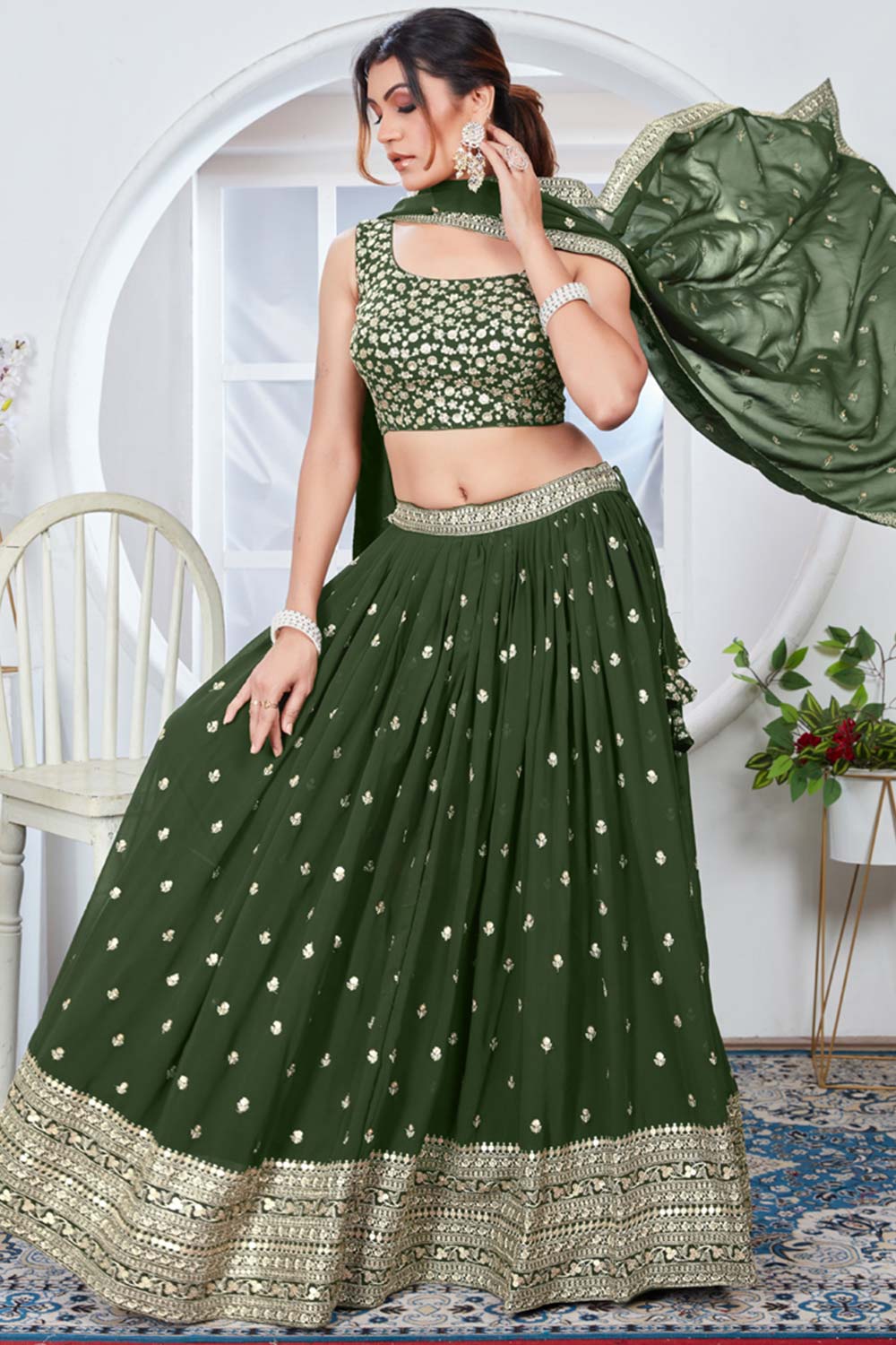 Mehendi Georgette Embroidered Thread Lehenga