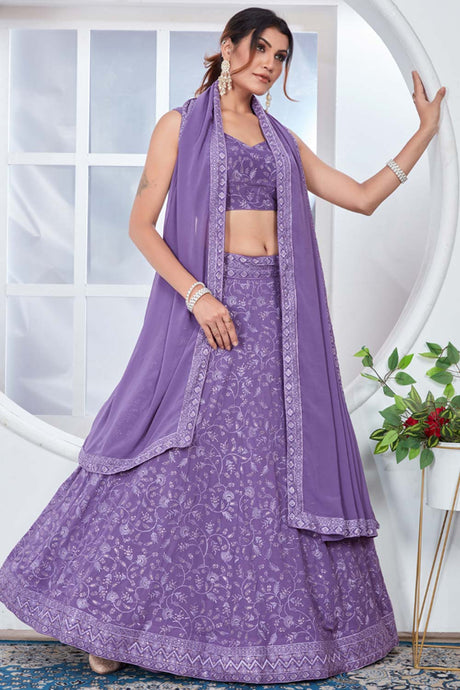 Light Purple Georgette Embroidered Thread Lehenga