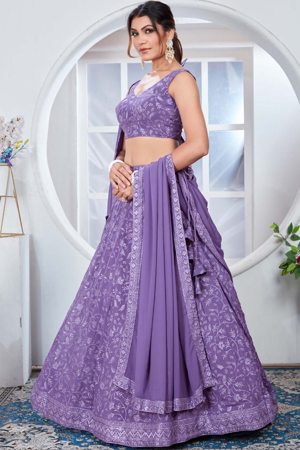 Light Purple Georgette Embroidered Thread Lehenga