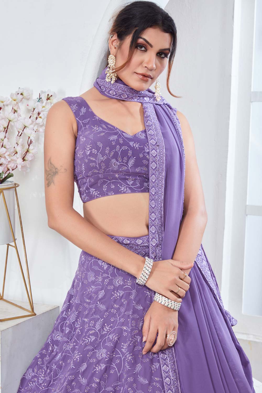 Light Purple Georgette Embroidered Thread Lehenga