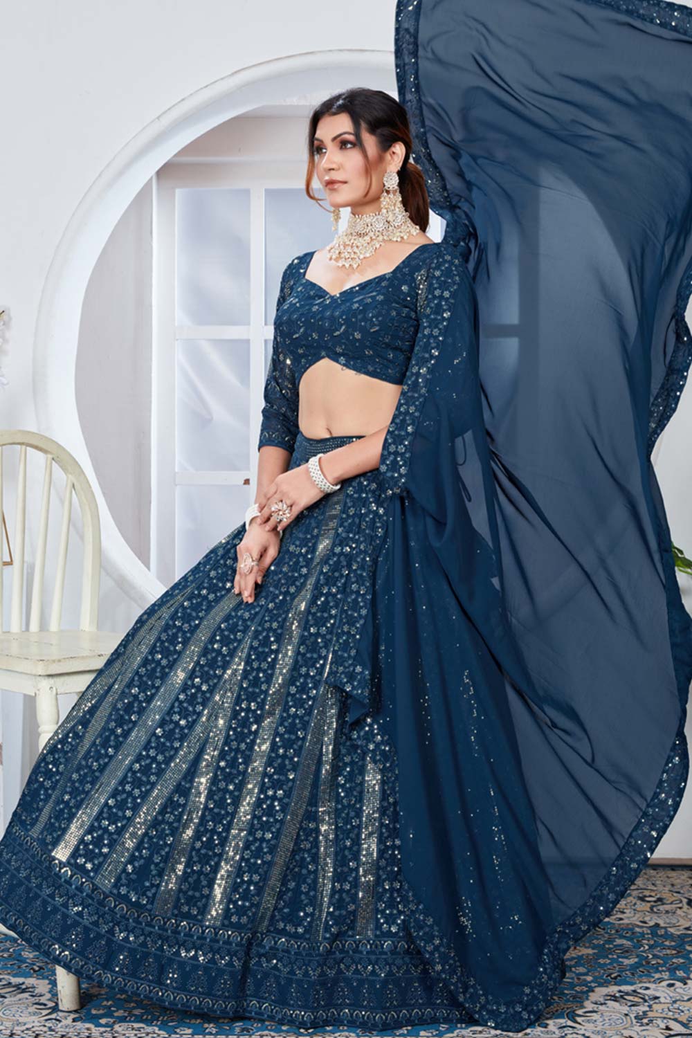 Rama Georgette Embroidered Thread Lehenga