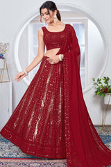 Red Georgette Embroidered Thread Lehenga